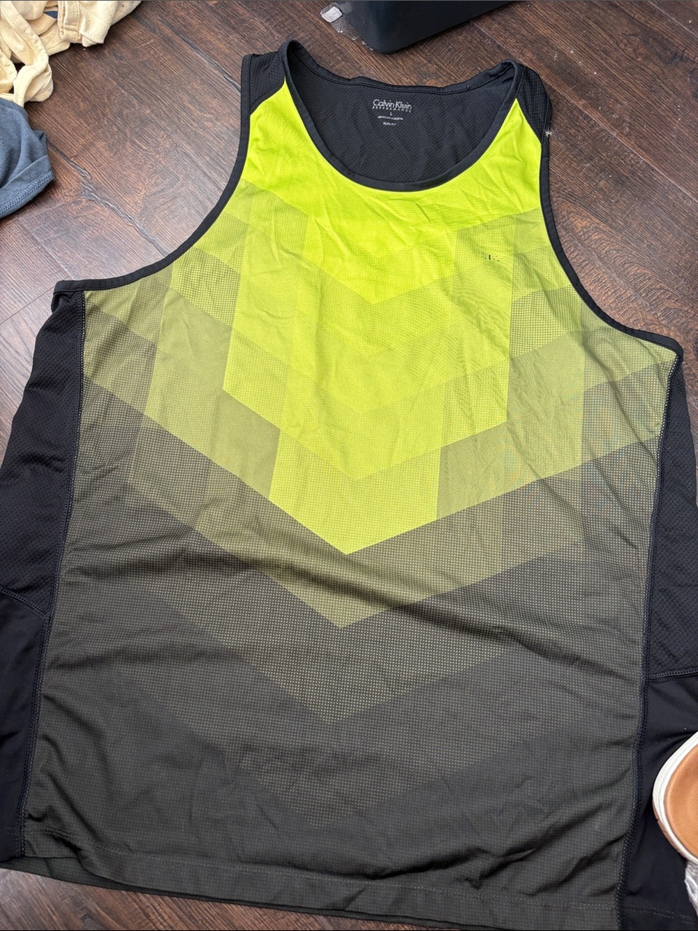 Calvin Klein Men’s Black and Neon Green Geometric Performance Tank